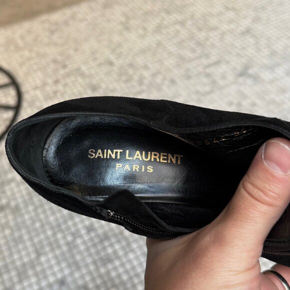 Saint Laurent Black Suede Gold Trim Janis Platform Ankle Booties - Picture 10 of 10